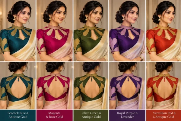 Peacock Crown teal and antique gold designer fusion saree blouse