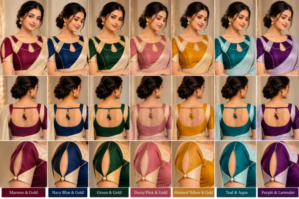 Deepavali Halo maroon and gold fusion saree blouse with circular neckline