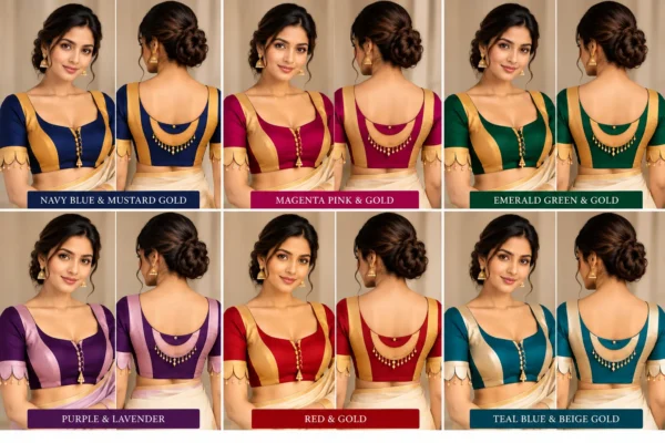 Moon Jhumka navy blue and mustard gold designer fusion saree blouse view