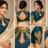 Peacock Crown teal and antique gold designer fusion saree blouse