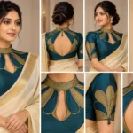 Peacock Crown teal and antique gold designer fusion saree blouse