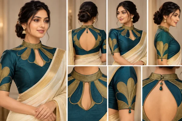 Peacock Crown teal and antique gold designer fusion saree blouse
