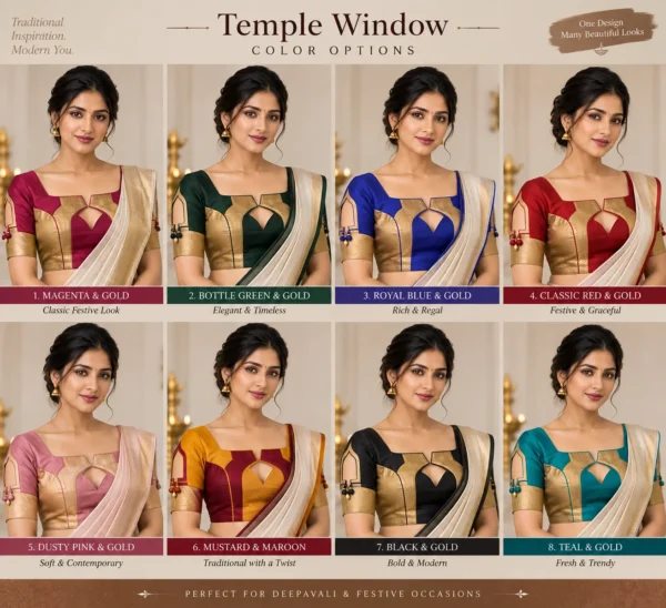 Temple Window Deepavali fusion saree blouse with geometric cut-out and colour blocking