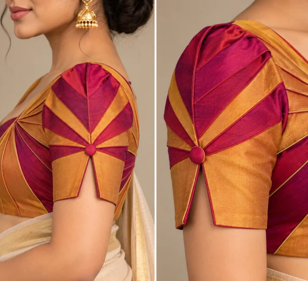 Firework Burst Deepavali fusion saree blouse with radiating pleats and two-colour design