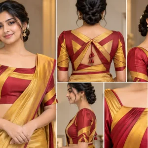 Close-up of Saree Ribbon blouse neckline and layered fabric construction