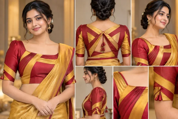 Close-up of Saree Ribbon blouse neckline and layered fabric construction
